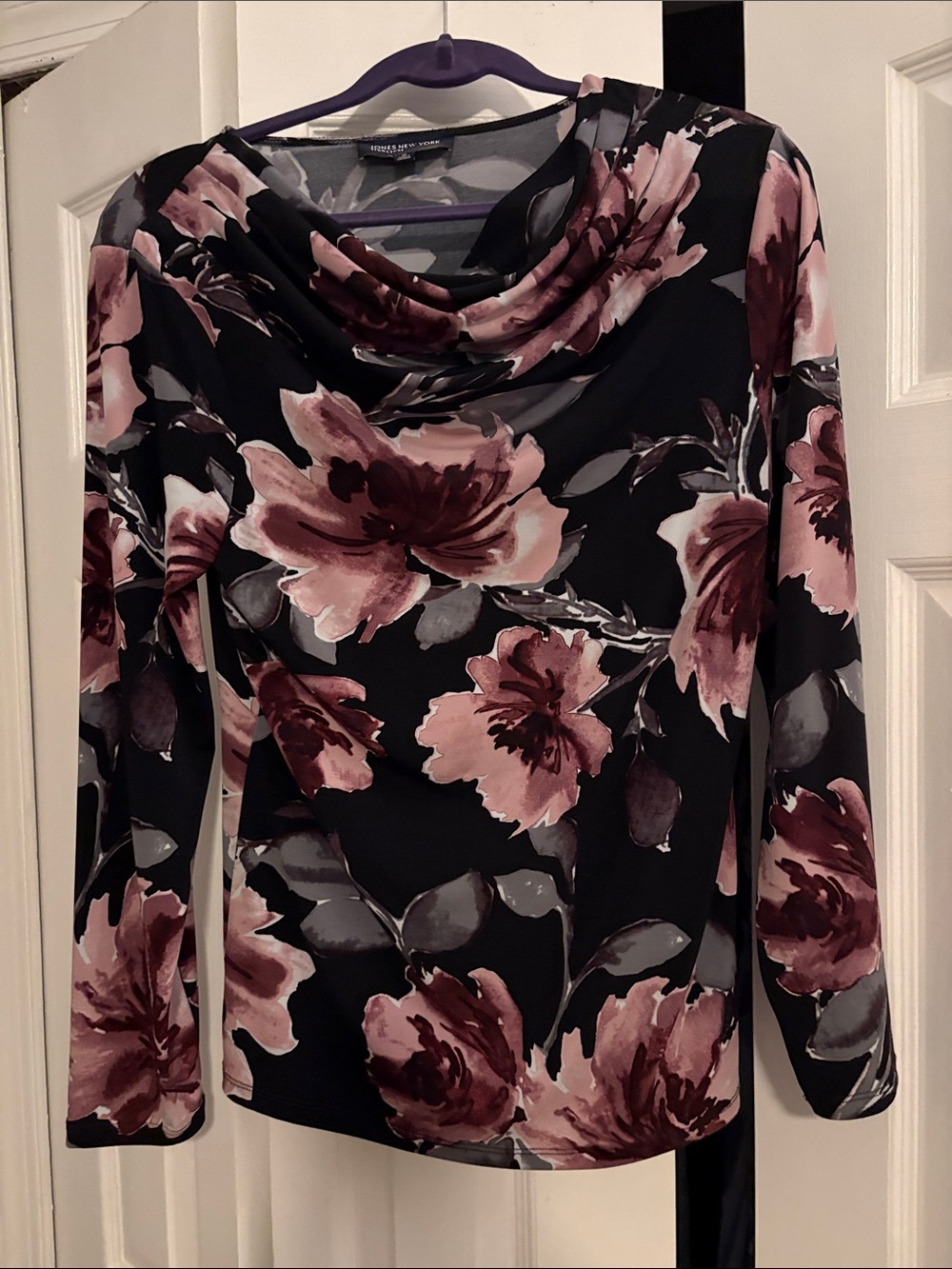 Jones New York Floral Cowl Neck Long-Sleeve Blouse, size medium